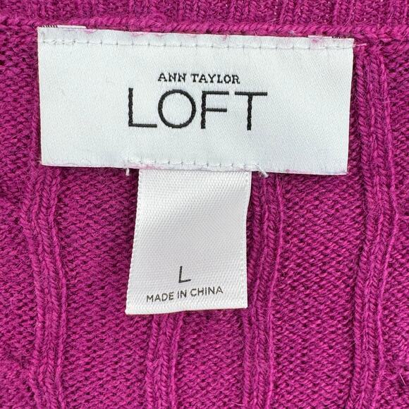 Ann Taylor LOFT sweater L pullover V neck cable knit rabbit hair blend fuchsia - Picture 5 of 7